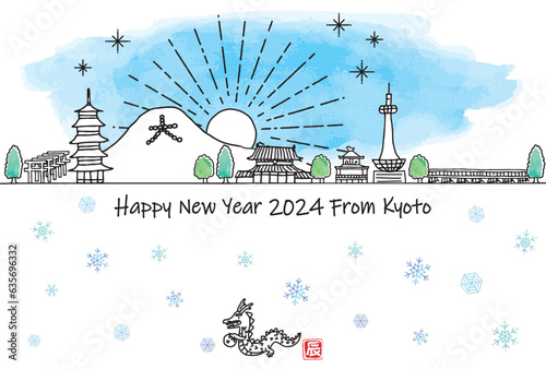 京都の観光地の街並みと初日の出の年賀状2024