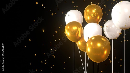 3d animation of balloons and confetti, birthday, wedding or anniversary celebration. Video with transparent alpha channel background