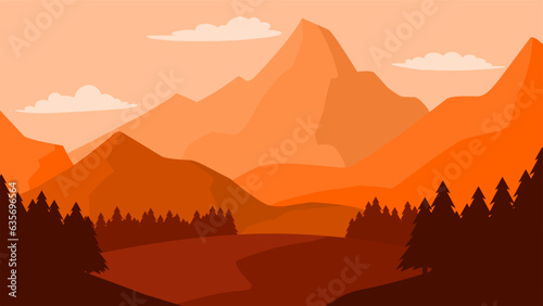 Mountain landscape vector illustration. Orange mountains ridge with pine forest. Mountain range landscape for background, wallpaper, display or landing page. Vector flat style panorama illustration