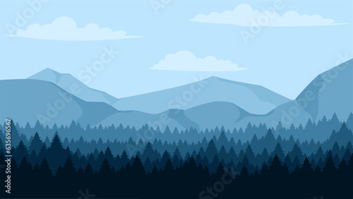 Forest landscape vector illustration. Pine forest in the mountain silhouette landscape. Deep forest landscape for background, wallpaper, display or landing page. Coniferous mountain panorama scene