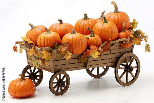 Thanksgiving wagon full of plane pumpkins with leaves falling on a white background