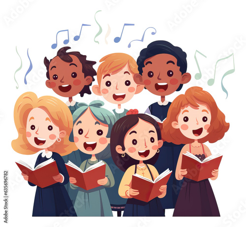 Foto Children's Choir singing Carols cartoon illustration isolated.