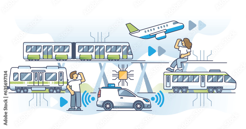 Tech driven transportation with sensory assistance technology outline concept. Modern innovation for public transport, vehicles or aviation vector illustration. Autonomous traffic sensor installation