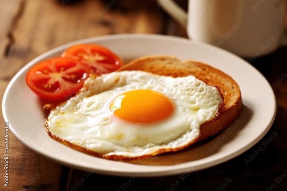 Breakfast with delicious fried eggs garnished with sliced tomato Generative AI. Breakfast with delicious fried eggs garnished with sliced tomato Generative AI.