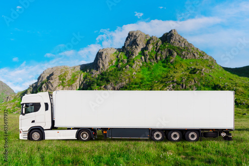 Big truck with semi-trailer Mockup. Truck transportation in green field. white long delivery truck. White empty mock-up truck photo