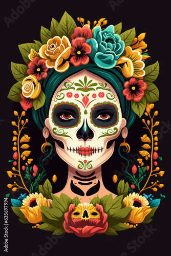 Generative AI. Dia de los muertos festive poster with horrible beauty of Calavera sugar skull Catrina characters. skull-faced women portraits in bold colors palette for cultural Mexican event, tattoo