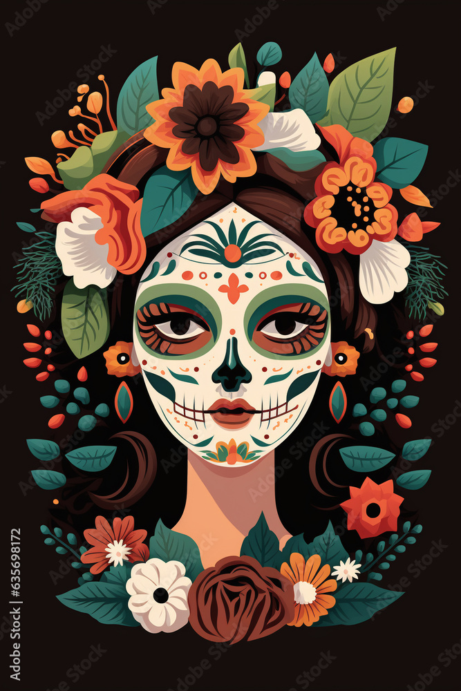 Generative AI. Calavera, Mexican sugar skull makeup and flowers for dia de los Muertos (Day of the Dead).  llustration of a woman in a Mexican La Catrina costume. Woman with sugar skull makeup and flo