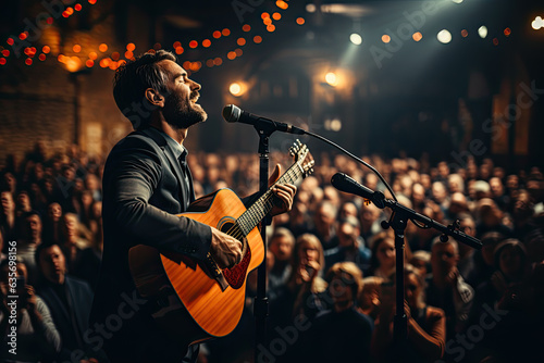 Fototapeta Popular country music performer with a guitar on a big stage under spotlights