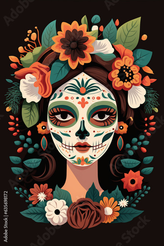Generative AI. Calavera, Mexican sugar skull makeup and flowers for dia de los Muertos (Day of the Dead). llustration of a woman in a Mexican La Catrina costume. Woman with sugar skull makeup and flo