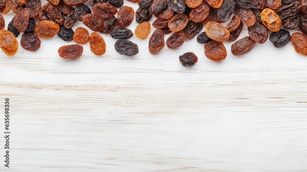 Obraz premium Organic Dried Raisins Berry Photorealistic Horizontal Background. Healthy Vegetarian Energy Snack. Ai Generated Backdrop with Copyspace. Chewy Dried Raisins Berry.