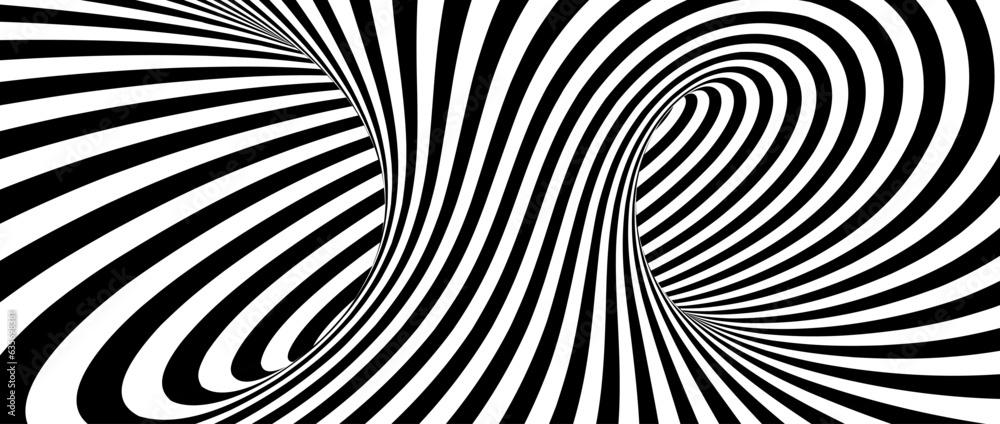 Abstract hypnotic spinning lines background. Black and white vertical tunnel wallpaper. Psychedelic twisted stripes pattern. Spiral rotating template for poster, banner, cover. Vector optical illusion - obrazy, fototapety, plakaty 