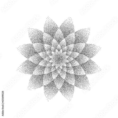 Stipple flower background. Dotted ornament mandala. Noise grain star shape. Abstract black floral petals decoration. Dotwork radial pattern design for tattoo, poster, clothes, badge, sticker. Vector