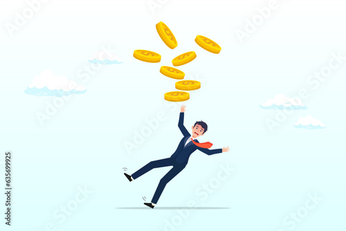 Clumsy businessman investor fall on slippery floor losing all money dollar coins, financial mistake losing money, investment risk or trading failure, debt and loan, cost and expense problem (Vector)