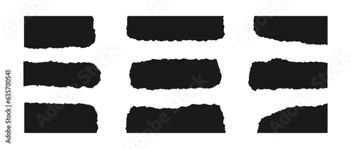 Torn paper corner pieces. Black cutout shapes with jagged edges. Ripped material corner, side and central elements collection. Textured grunge bundle for collage, text box, banner, sticker. Vector