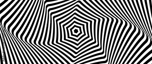 Radial optical illusion background. Black and white abstract distorted lines surface. Hypnotic poster design. Rotating hexagon spiral illusion wallpaper. Vector op art illustration