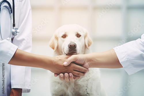 Veterinarians handshake and dog sitting behind