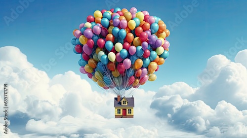 flying house attached with many balloon flying in the sky 