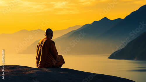 Fotografia Buddhist monk in meditation beside the river with beautiful nature background
