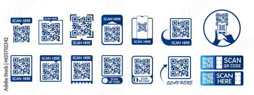 QR code scan icon set for mobile apps and payments. QR code scan for smartphone. Qr code Template scan here QR code for smart phone. Vector illustration.