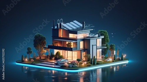 Small model house 3d illustration in dark background 