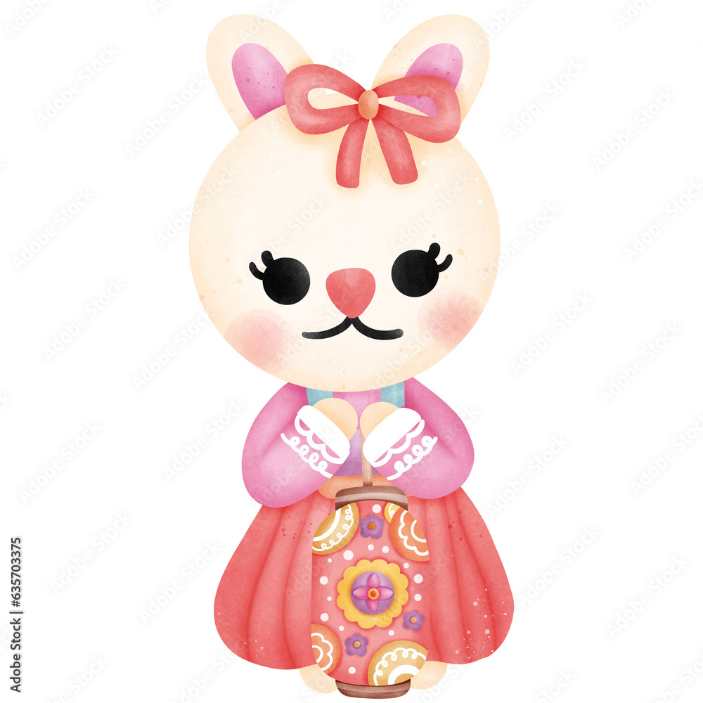 Single cute rabbit with pink red Chinese Dress and chinese lantern illustration Single cute rabbit with pink red Chinese Dress and chinese lantern illustration