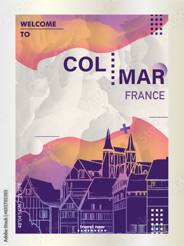 France Colmar village poster with abstract gradient shapes of skyline, cityscape, landmarks and attractions. Alsace town travel vector illustration for brochure, website, page, business presentation