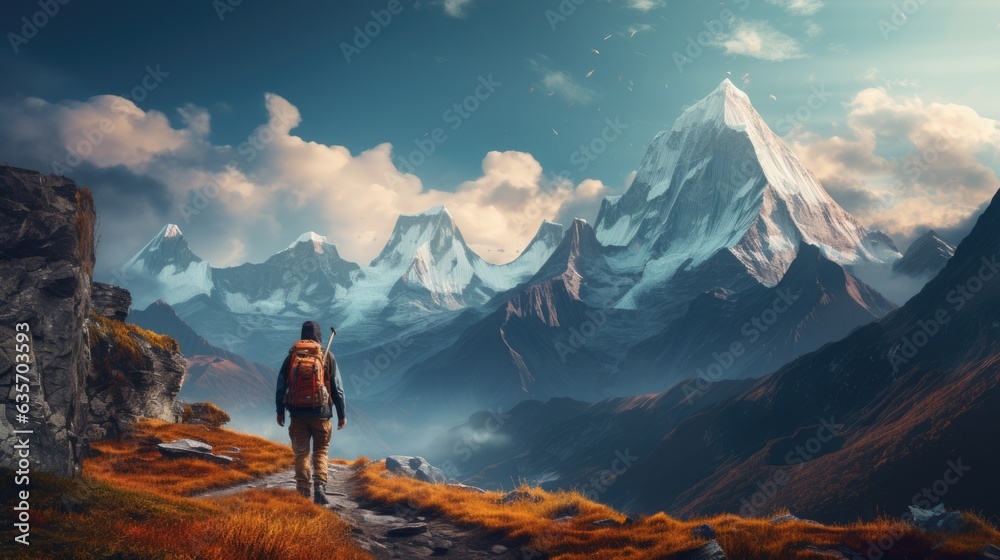 An outdoor extreme summer vacation background with man traveling on a mountain summit enjoying the nature with a big backpack hiking in a lake and enjoying the mountain lifestyle