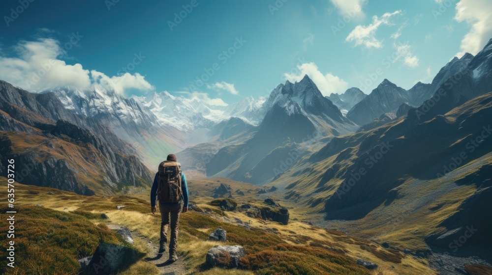 An outdoor extreme summer vacation background with man traveling on a mountain summit enjoying the nature with a big backpack hiking in a lake and enjoying the mountain lifestyle An outdoor extreme summer vacation background with man traveling on a mountain summit enjoying the nature with a big backpack hiking in a lake and enjoying the mountain lifestyle