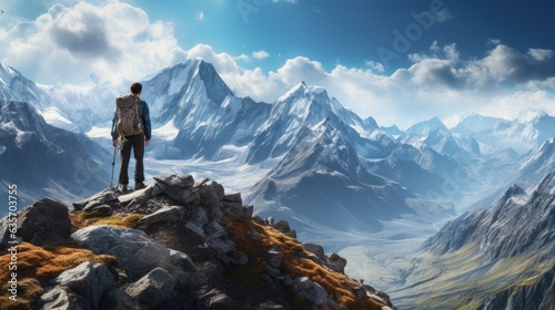 An outdoor extreme summer vacation background with man traveling on a mountain summit enjoying the nature with a big backpack hiking in a lake and enjoying the mountain lifestyle