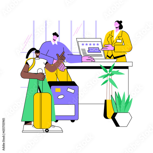 Hostel check-in isolated cartoon vector illustrations. Young couple checking into a hostel, dormitory room, hospitality business, backpackers traveling, arriving at guesthouse vector cartoon.