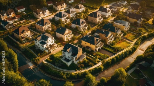 Top view of the residential district with houses and street 