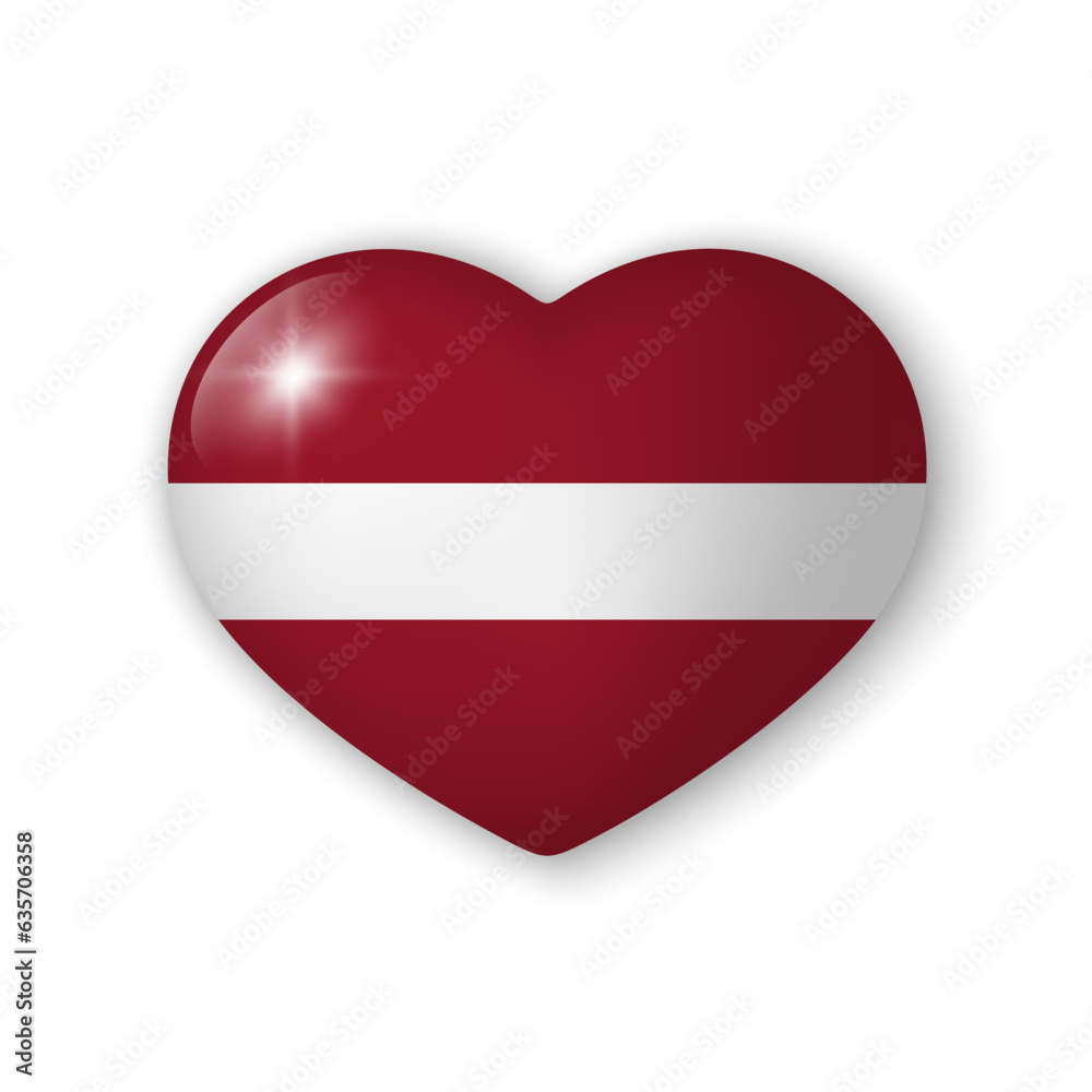 3d heart with flag of Latvia. Glossy realistic vector element on white background with shadow underneath. Best for mobile apps, UI and web design. 3d heart with flag of Latvia. Glossy realistic vector element on white background with shadow underneath. Best for mobile apps, UI and web design.