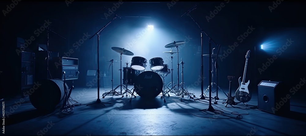 music drum set with spot light background  - obrazy, fototapety, plakaty 