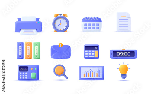 3d set office, business, finance icons. Minimal and stylish vector cartoon illustration
