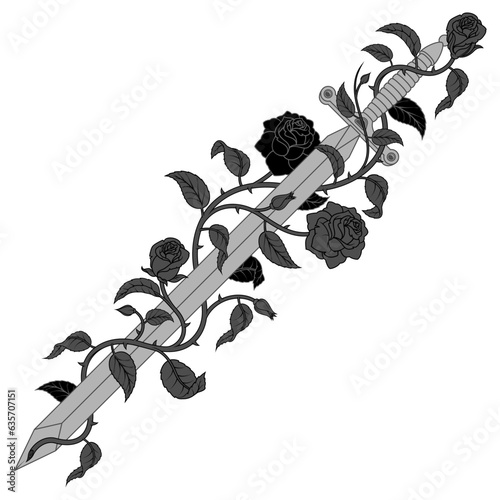 Ancient sword surrounded by rose plant