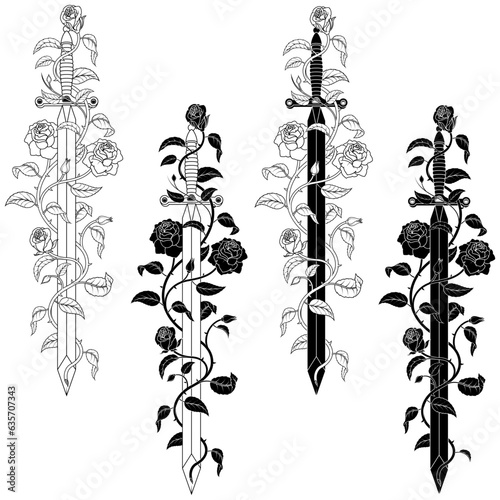 Leinwand Poster Ancient sword surrounded by rose plant
