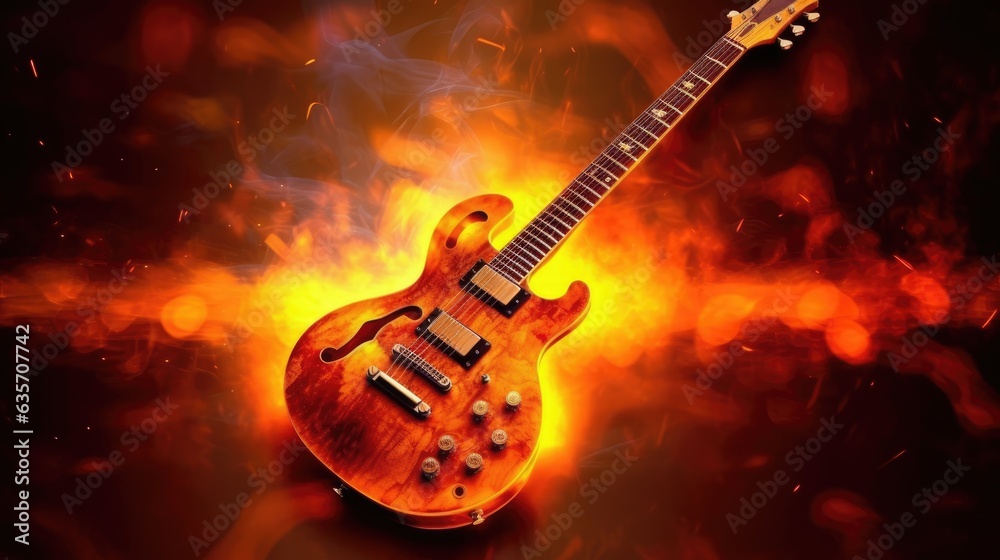 electric guitar on fire background 