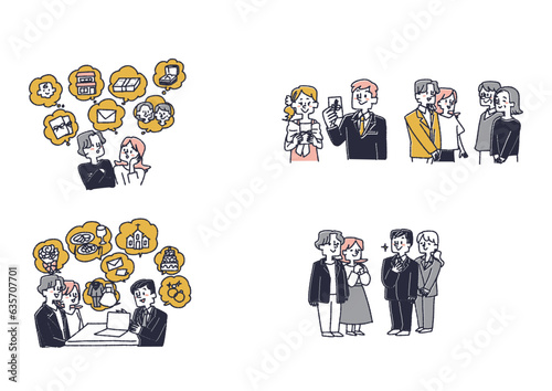 結婚式の準備をしている新郎新婦のイラストセット