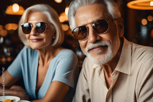 Beautiful senior couple with sunglasses .