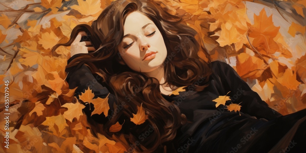 illustration of a girl with autumn leaves, generative AI illustration of a girl with autumn leaves, generative AI