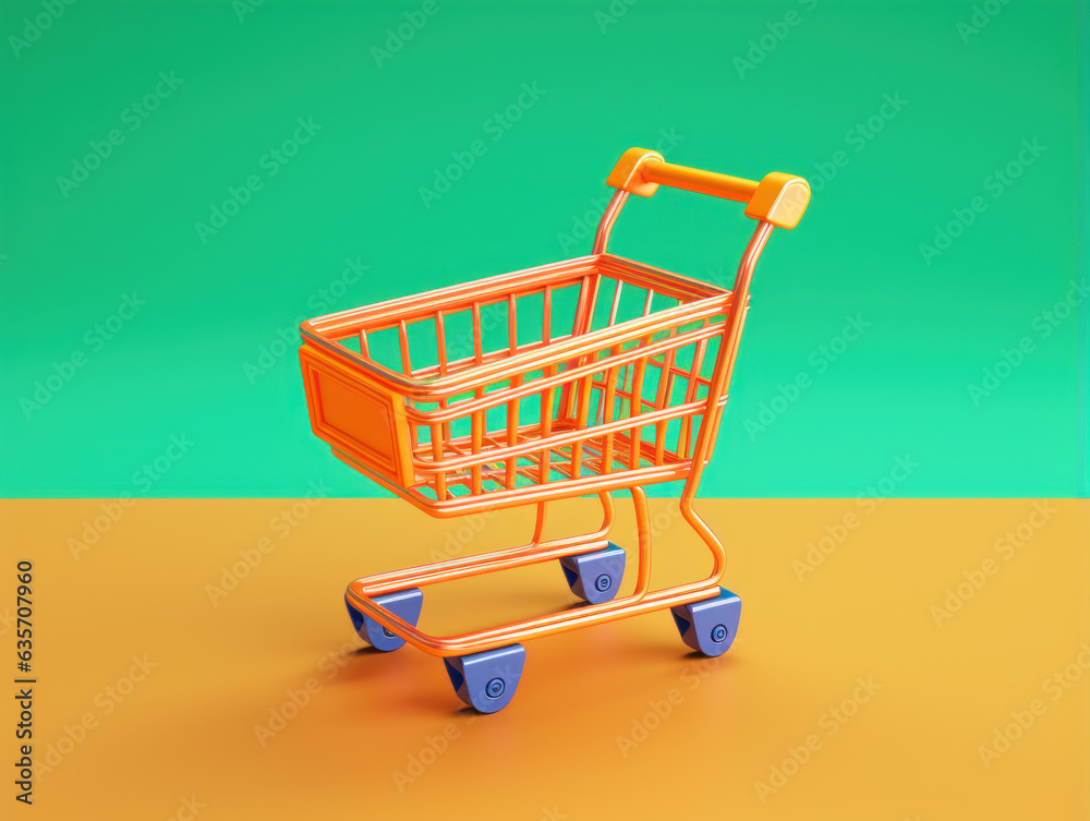 3d rendering of a shopping cart on a green background and orange floor. Orange shopping basket. Buying and selling concept.