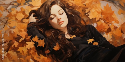illustration of a girl with autumn leaves, generative AI