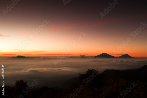 Southeast Asia's best sunrise, A wonderful aerial scenery of Mount Prau with a view of Rindu Hill © dinvector