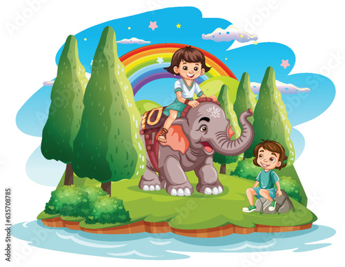Children riding elephant on island