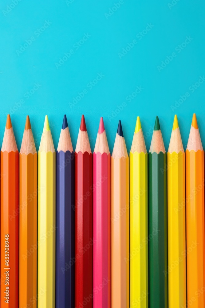 A group Colored pencils row on blue background A group Colored pencils row on blue background