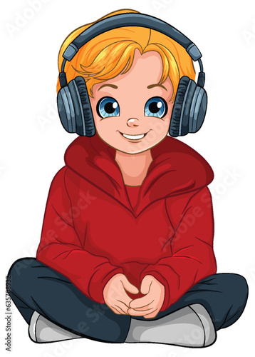 Boy sitting on the floor listening to music with headset