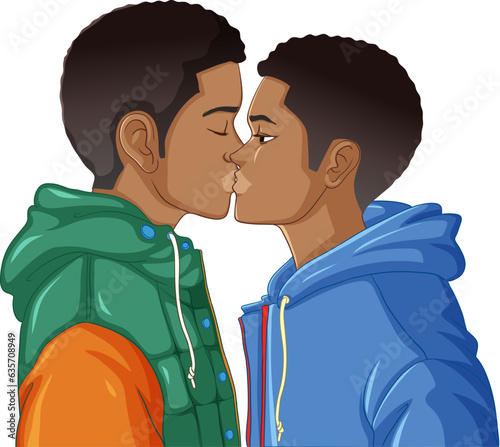 Gay couple cartoon kissing