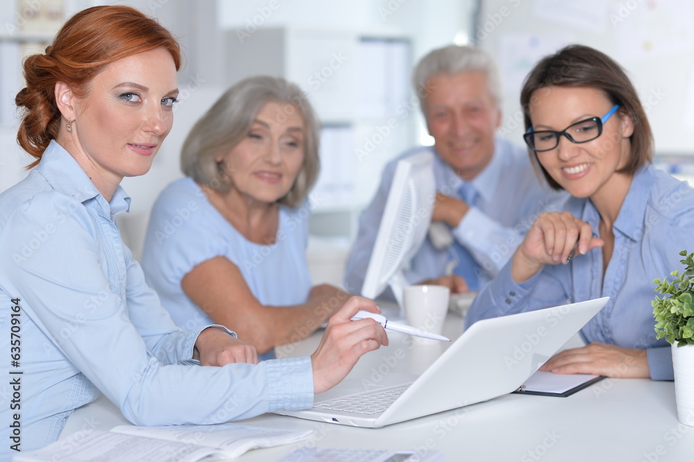 happy businesswomen and businessman working in office happy businesswomen and businessman working in office
