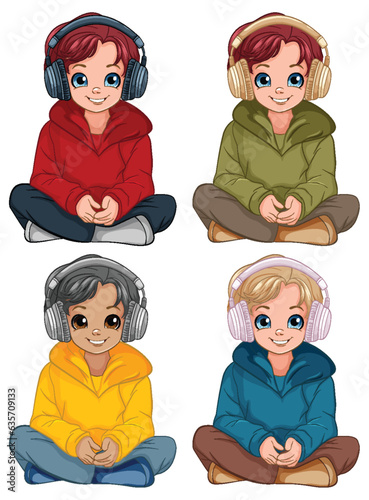 Boy sitting on the floor listening to music with headset set