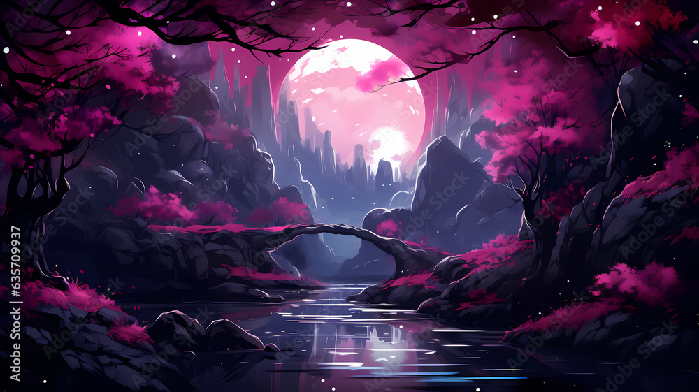 Fototapeta premium Hand drawn cartoon beautiful night cherry blossom forest scenery illustration 